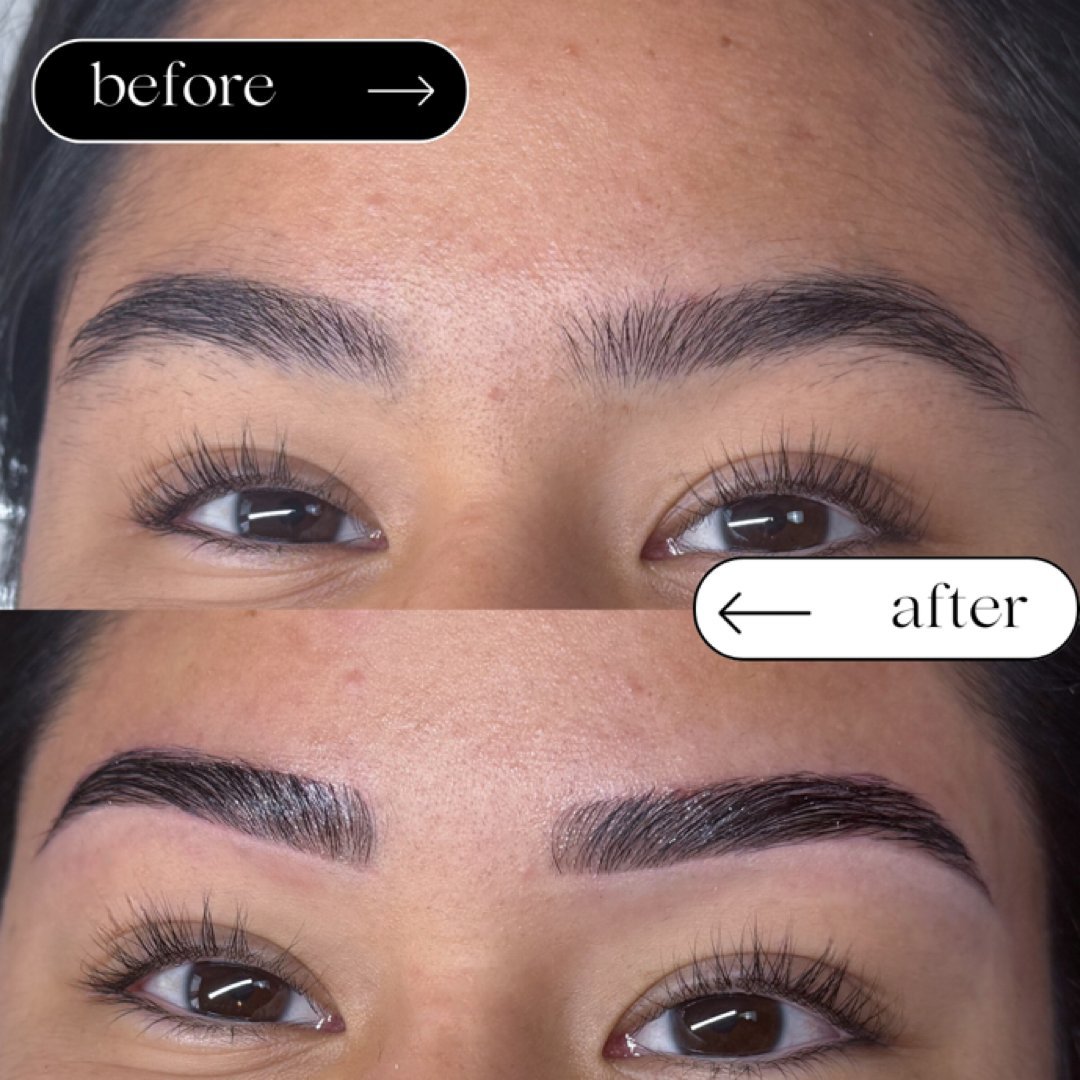 Before and after brow lamination and tint, dramatic finish